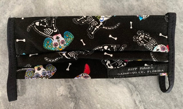 Halloween Ball:  Children's Sized Black Dog Skelton Print with Black Foldover Elastic Ties for Ears