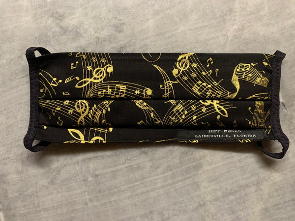 Cotton Club:  Black Sateen Cotton and Gold Musical Notes with Black Foldover Ties for Ears