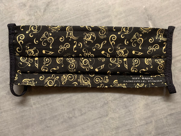 Cotton Club:  Black Sateen Cotton and Gold Musical Notes with Black Foldover Ties for Ears